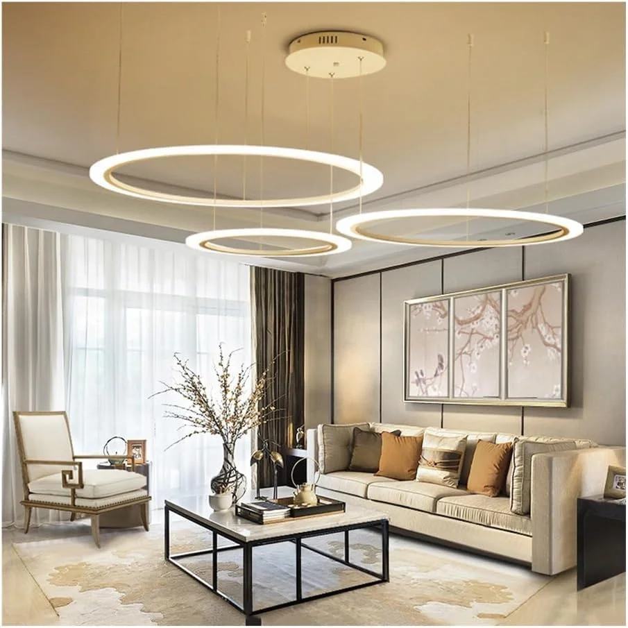 لوسترهای LED تزئینی مدرن، چراغ آویز سقفی طلایی بزرگ، 3 حلقه دایره ای شکل، قابل تنظیم نور، مناسب برای ورودی راهرو، اتاق نشیمن لوسترهای LED تزئینی مدرن، چراغ آویز سقفی طلایی بزرگ، 3 حلقه دایره ای شکل، قابل تنظیم نور، مناسب برای ورودی راهرو، اتاق نشیمن