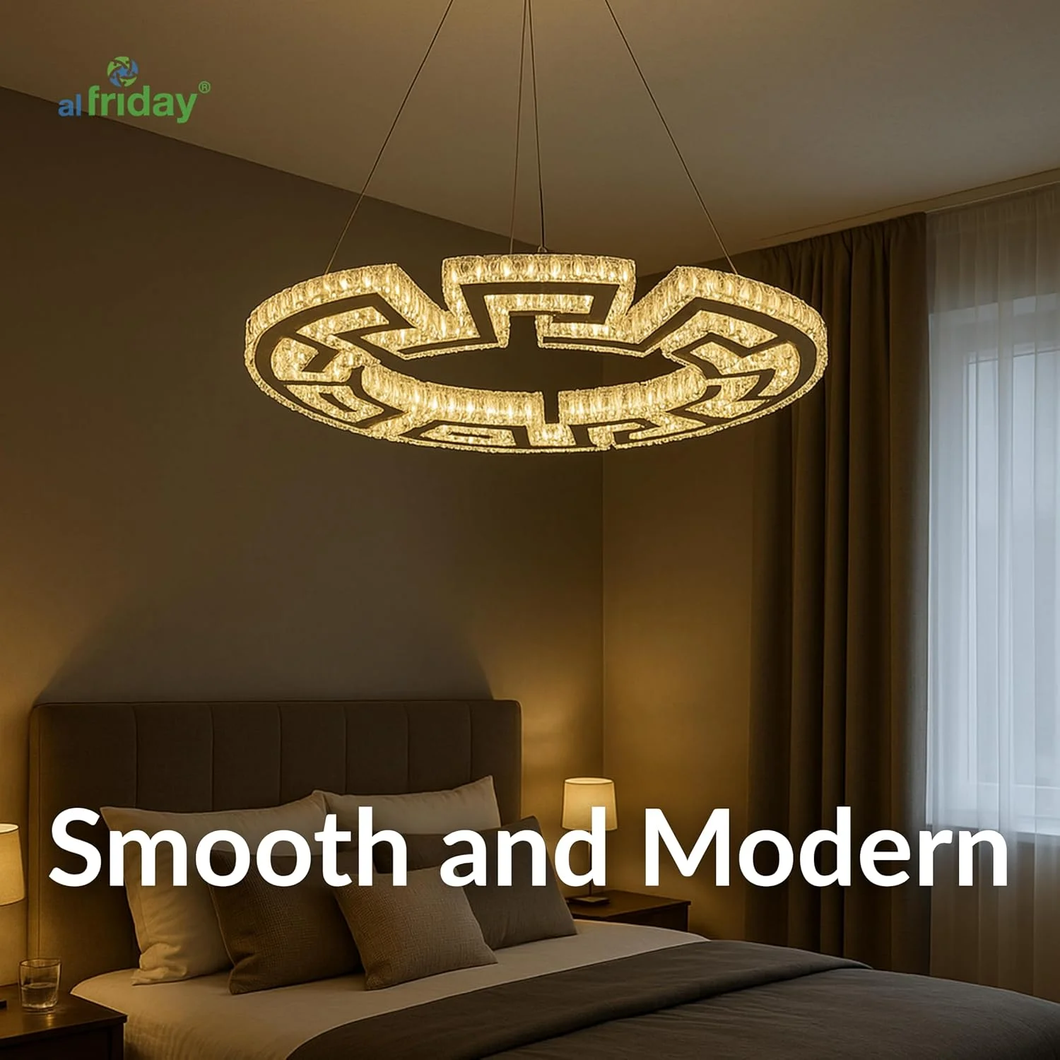 لوستر LED کریستالی AL FRIDAY | حلقه تزئینی به قطر 640 میلی متر | تنظیم نور و تغییر رنگ (سفید گرم/خنثی/سرد) با کنترل از راه دور | رنگ طلایی شامپاین | ارتفاع آویز قابل تنظیم لوستر LED کریستالی AL FRIDAY | حلقه تزئینی به قطر 640 میلی متر | تنظیم نور و تغییر رنگ (سفید گرم/خنثی/سرد) با کنترل از راه دور | رنگ طلایی شامپاین | ارتفاع آویز قابل تنظیم