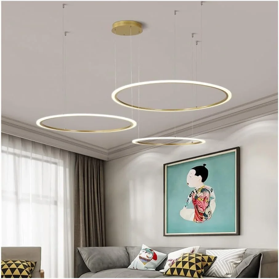لوسترهای LED تزئینی مدرن، چراغ آویز سقفی طلایی بزرگ، 3 حلقه دایره ای شکل، قابل تنظیم نور، مناسب برای ورودی راهرو، اتاق نشیمن لوسترهای LED تزئینی مدرن، چراغ آویز سقفی طلایی بزرگ، 3 حلقه دایره ای شکل، قابل تنظیم نور، مناسب برای ورودی راهرو، اتاق نشیمن