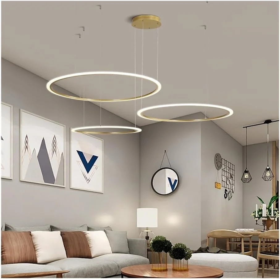 لوسترهای LED تزئینی مدرن، چراغ آویز سقفی طلایی بزرگ، 3 حلقه دایره ای شکل، قابل تنظیم نور، مناسب برای ورودی راهرو، اتاق نشیمن لوسترهای LED تزئینی مدرن، چراغ آویز سقفی طلایی بزرگ، 3 حلقه دایره ای شکل، قابل تنظیم نور، مناسب برای ورودی راهرو، اتاق نشیمن