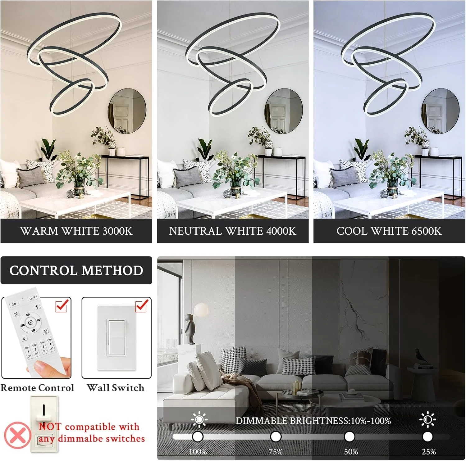 چراغ آویز LED Ctoby، لوستر مدرن 3 حلقه ای با کنترل از راه دور، چراغ لوستر با رنگ قابل تنظیم، برای اتاق نشیمن، اتاق غذاخوری، اتاق خواب، راهرو (مشکی) چراغ آویز LED Ctoby، لوستر مدرن 3 حلقه ای با کنترل از راه دور، چراغ لوستر با رنگ قابل تنظیم، برای اتاق نشیمن، اتاق غذاخوری، اتاق خواب، راهرو (مشکی)