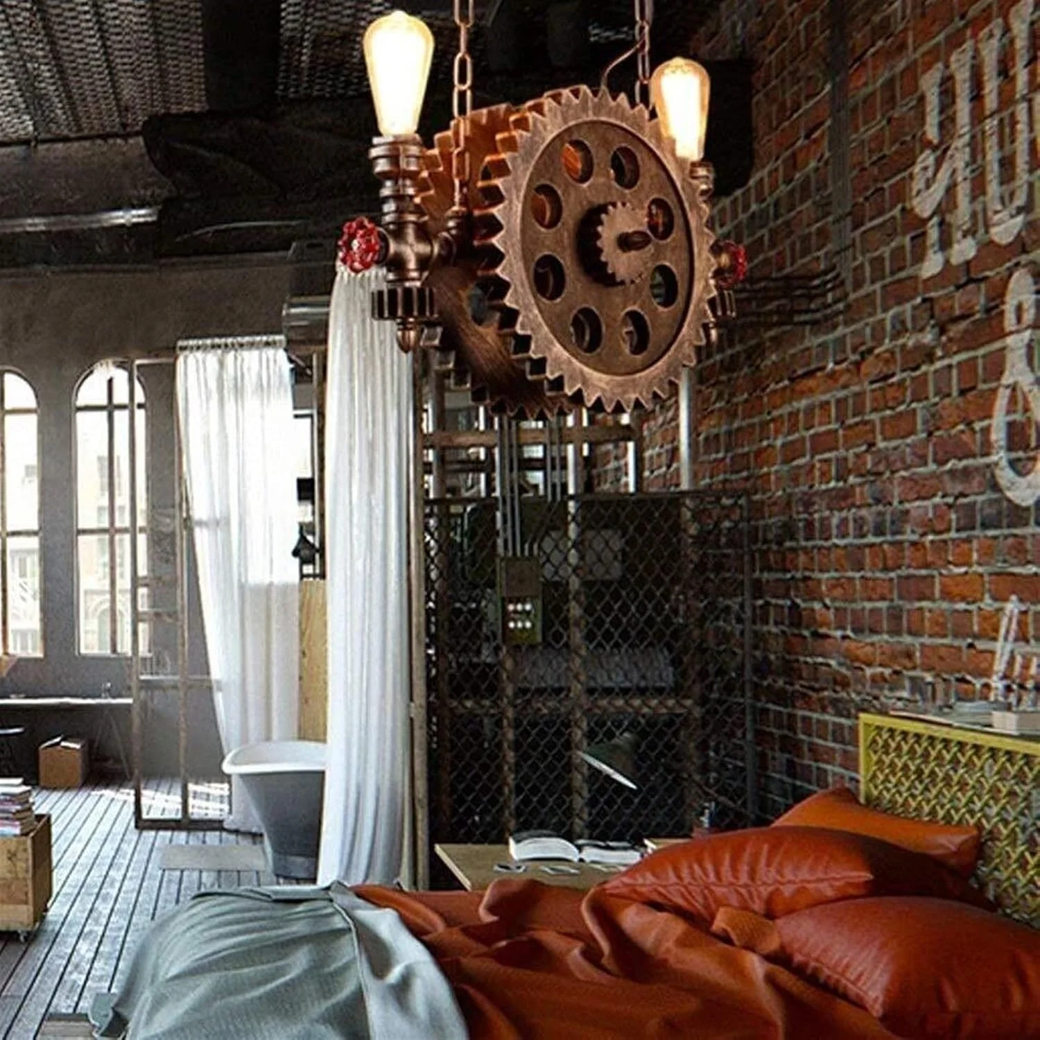 لوستر تزئینی فرفورژه وینتیج، لوستر لوله آب خلاقانه، مناسب اتاق نشیمن، اتاق خواب، مطالعه، هتل، کافه، سبک صنعتی، ابعاد L55cm * H32cm، سرپیچ E27، حداکثر توان 40 وات، انتقال نور قوی