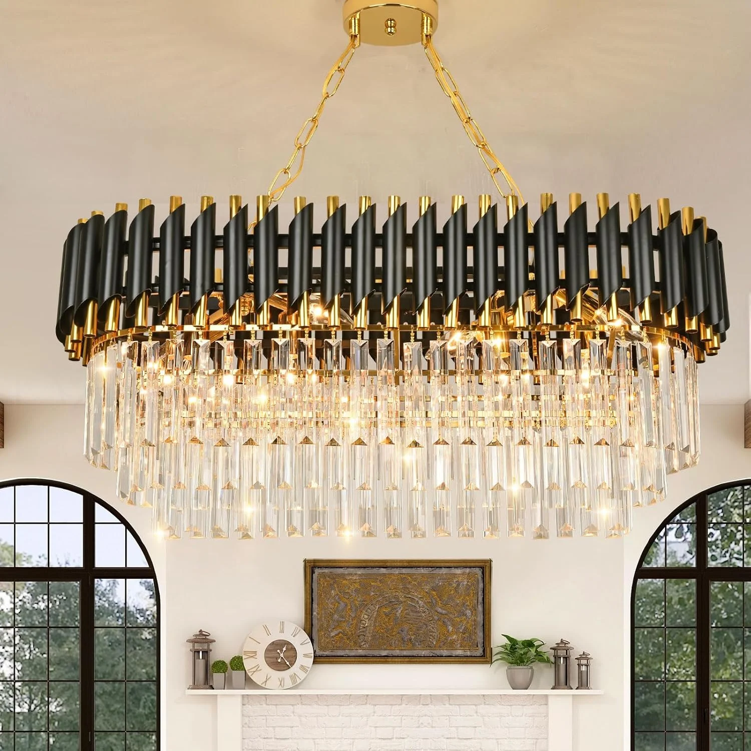 چراغ آویز کریستالی لوکس مدرن مشکی طلایی، لوستر کریستالی 3 طبقه طرح قطره باران، چراغ سقفی توکار مناسب اتاق ناهارخوری، اتاق نشیمن، میز، سرسرای ورودی، طول 80 سانتی متر عرض 30 سانتی متر……