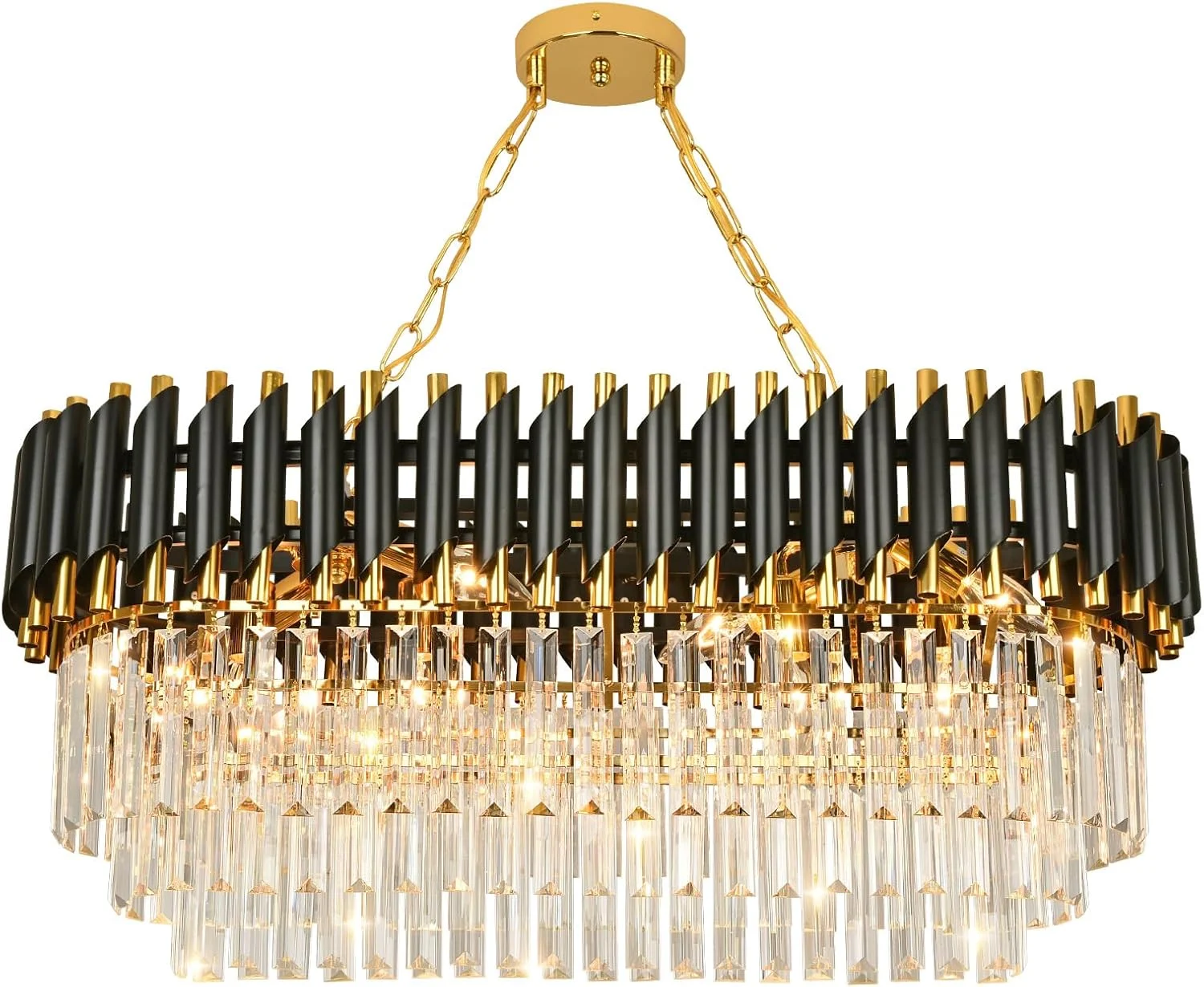 چراغ آویز کریستالی لوکس مدرن مشکی طلایی، لوستر کریستالی 3 طبقه طرح قطره باران، چراغ سقفی توکار مناسب اتاق ناهارخوری، اتاق نشیمن، میز، سرسرای ورودی، طول 80 سانتی متر عرض 30 سانتی متر…… چراغ آویز کریستالی لوکس مدرن مشکی طلایی، لوستر کریستالی 3 طبقه طرح قطره باران، چراغ سقفی توکار مناسب اتاق ناهارخوری، اتاق نشیمن، میز، سرسرای ورودی، طول 80 سانتی متر عرض 30 سانتی متر……