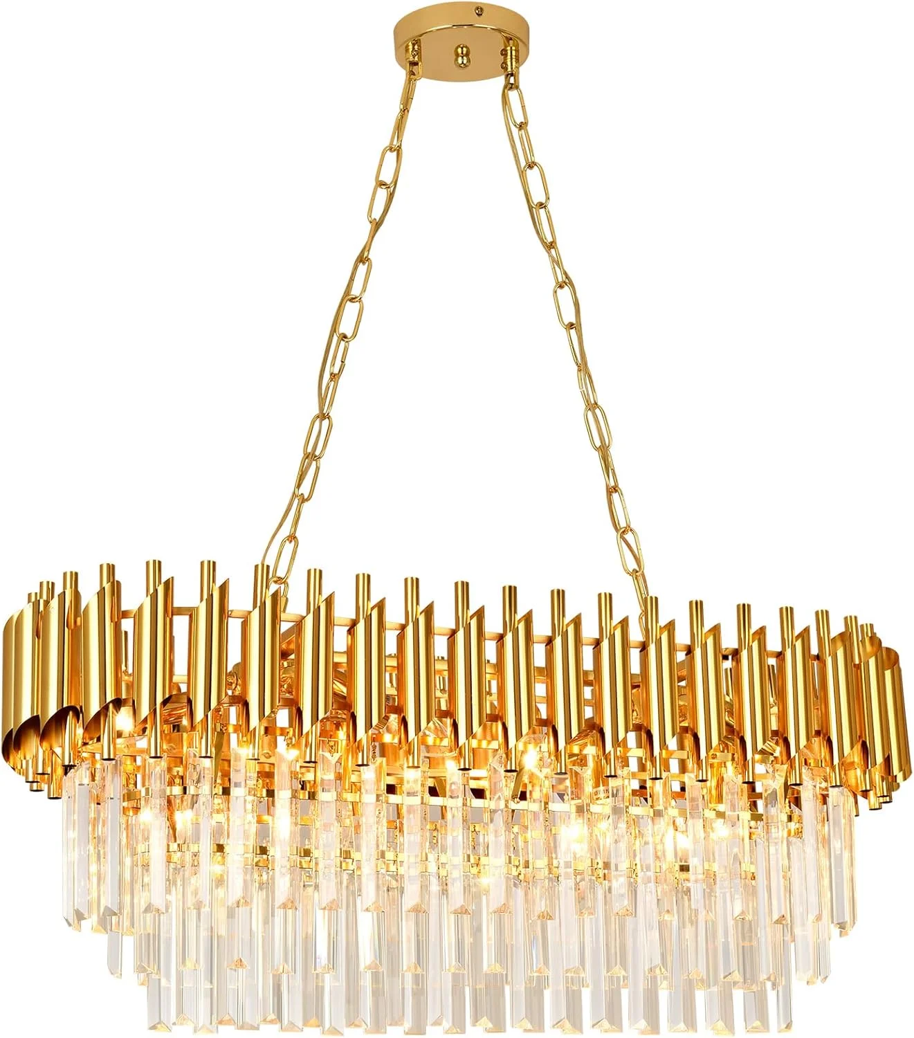 چراغ آویز کریستالی LED مدرن، لوستر کریستالی طلایی، چراغ لوستر 3 طبقه طرح قطره باران، چراغ سقفی روکار مناسب برای اتاق غذاخوری، اتاق نشیمن، میز، سرسرا، 80 سانتی متر در 30 سانتی متر، E14 x 8