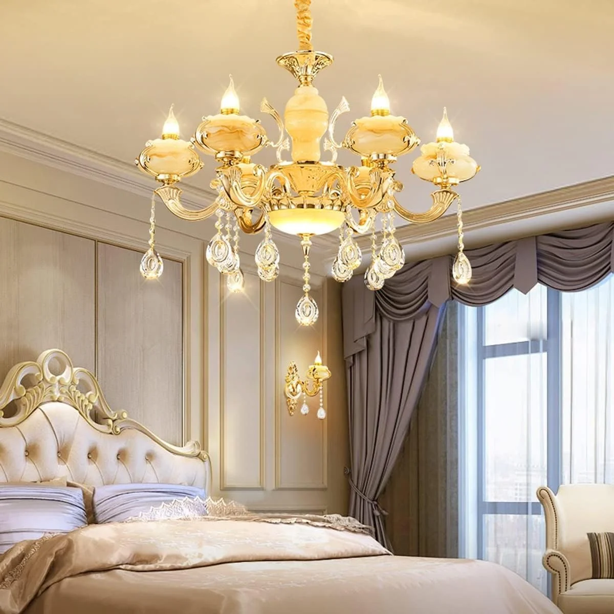 لوستر آویز کریستالی لوکس 6 شاخه با آلیاژ و شیدهای شیشه ای، مناسب برای ویلا، دوبلکس، راه پله و چراغ های سقفی لوستر آویز کریستالی لوکس 6 شاخه با آلیاژ و شیدهای شیشه ای، مناسب برای ویلا، دوبلکس، راه پله و چراغ های سقفی