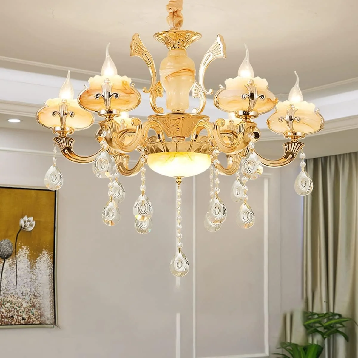 لوستر آویز کریستالی لوکس 6 شاخه با آلیاژ و شیدهای شیشه ای، مناسب برای ویلا، دوبلکس، راه پله و چراغ های سقفی لوستر آویز کریستالی لوکس 6 شاخه با آلیاژ و شیدهای شیشه ای، مناسب برای ویلا، دوبلکس، راه پله و چراغ های سقفی