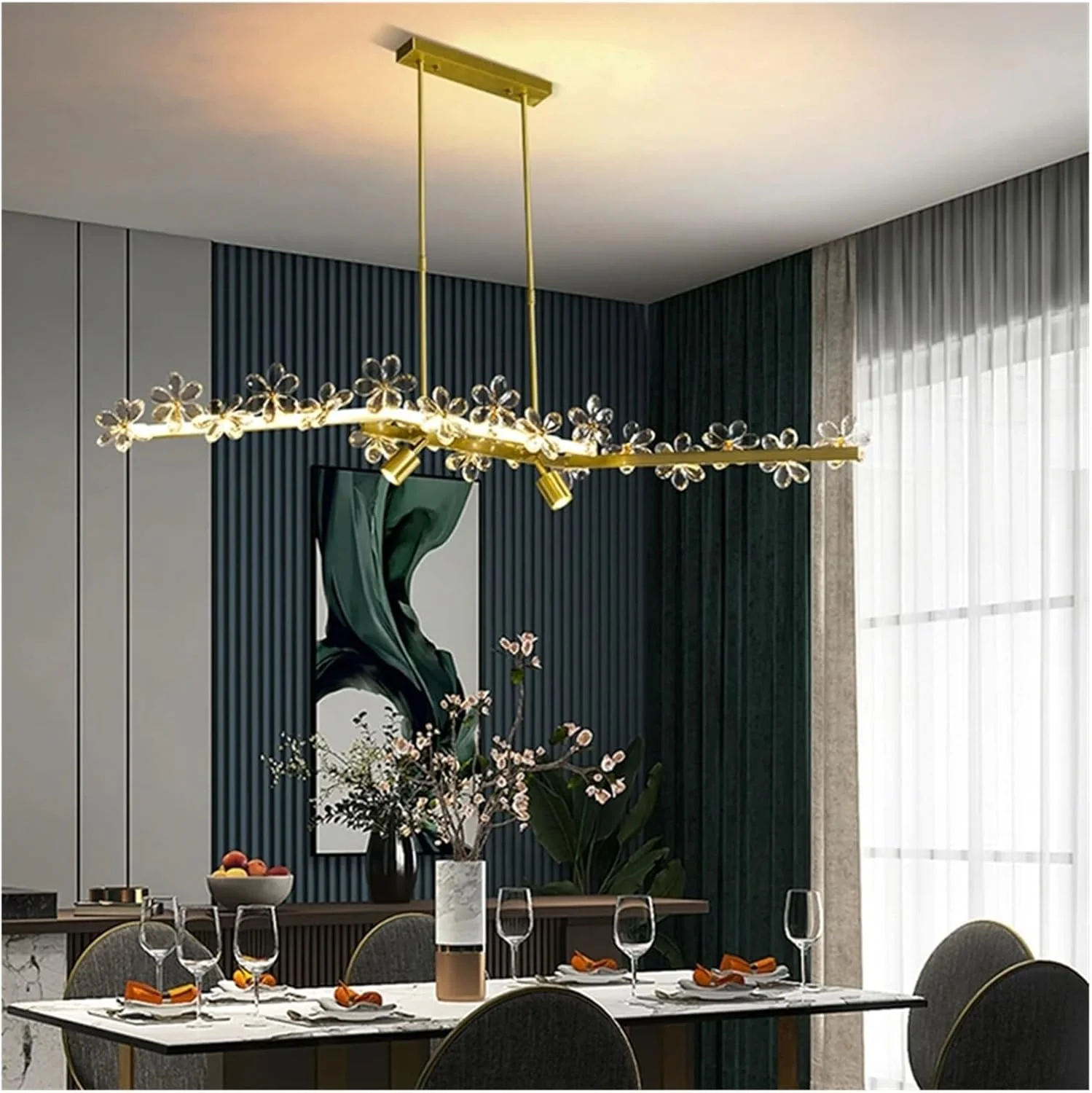لوستر گل کریستالی طلایی، لوستر لوکس اتاق نشیمن، چراغ آویز خطی، دکور مدرن، دیمینگ - 100 سانتی متر