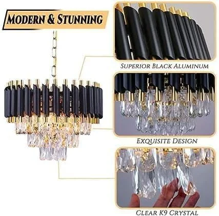 لوستر مدرن کریستالی طلایی مشکی، لوستر کریستالی 3 طبقه گرد، چراغ سقفی کریستالی، چراغ آویز کریستالی برای اتاق ناهار خوری، سایز 500MM (لامپ شامل نمی شود)