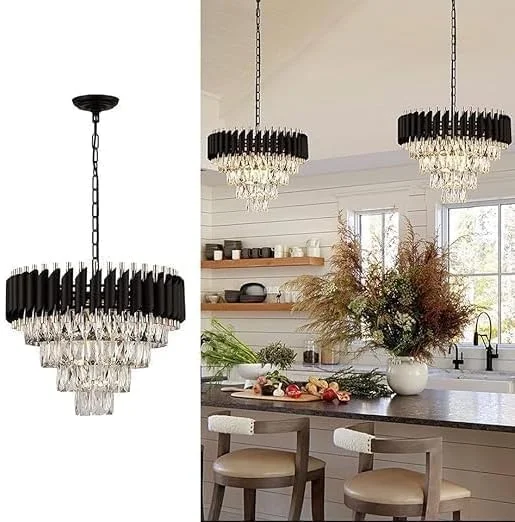 لوستر مدرن کریستالی طلایی مشکی، لوستر کریستالی 3 طبقه گرد، چراغ سقفی کریستالی، چراغ آویز کریستالی برای اتاق ناهار خوری، سایز 500MM (لامپ شامل نمی شود)