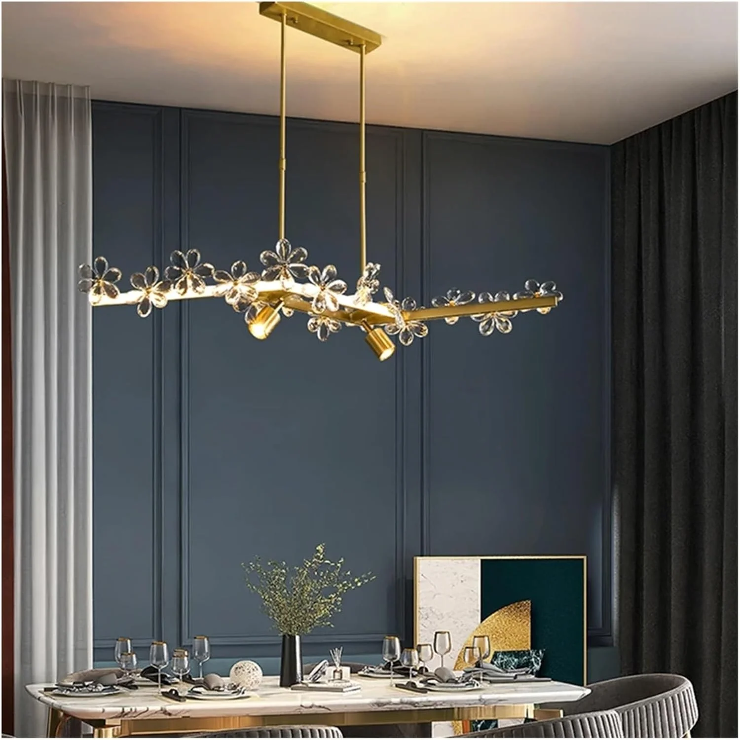 لوستر گل کریستالی طلایی، لوستر لوکس اتاق نشیمن، چراغ آویز خطی، دکور مدرن، سفید گرم - 100 سانتی متر