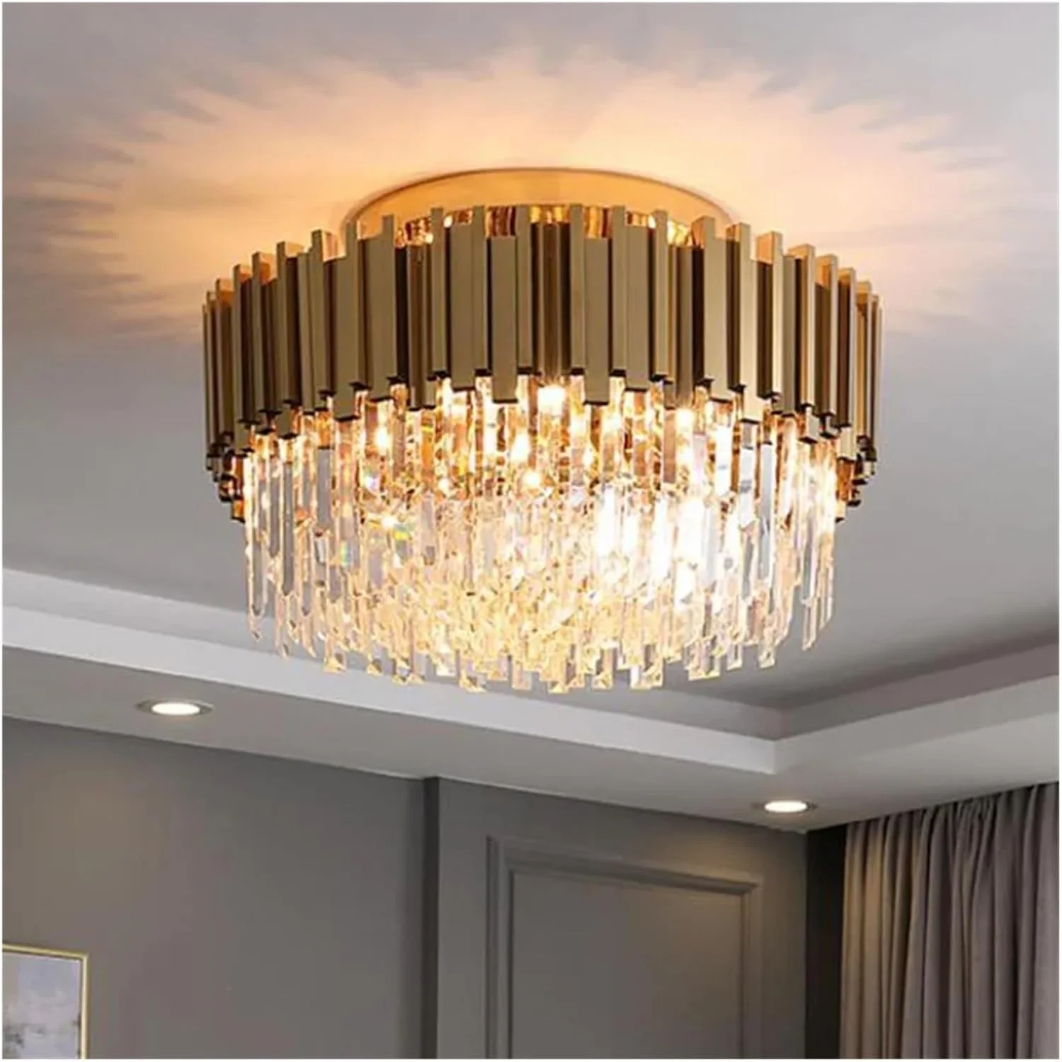 لوستر کریستالی لوکس اتاق نشیمن، چراغ گرد طلایی مدرن LED، لوازم روشنایی داخلی منزل، دکور مدرن، تک رنگ - قطر 100 سانتی متر ارتفاع 45 سانتی متر