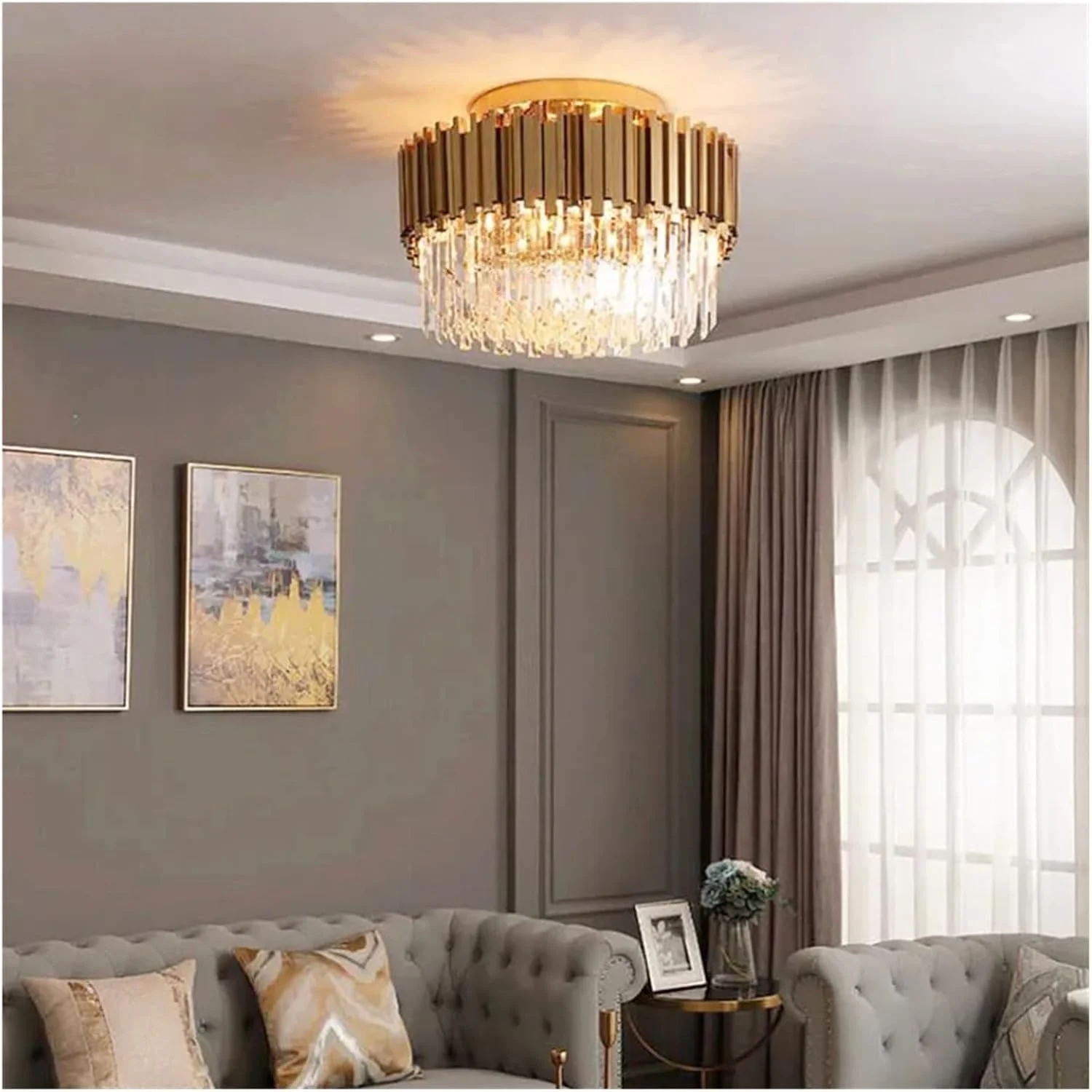 لوستر کریستالی لوکس اتاق نشیمن، مدرن، طلایی، گرد، لامپ ال ای دی، مناسب برای روشنایی داخلی خانه، دکور مدرن، تک رنگ - قطر 30 سانتی متر، ارتفاع 40 سانتی متر