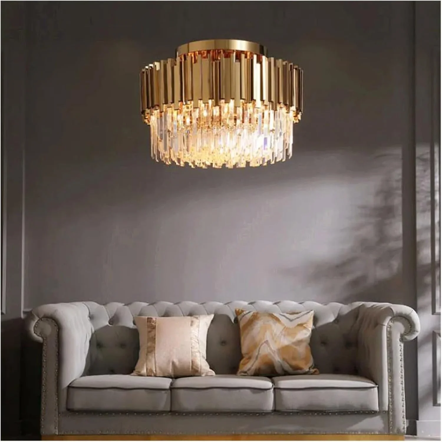 لوستر کریستالی لوکس اتاق نشیمن، مدرن، طلایی، گرد، لامپ ال ای دی، مناسب برای روشنایی داخلی خانه، دکور مدرن، تک رنگ - قطر 30 سانتی متر، ارتفاع 40 سانتی متر