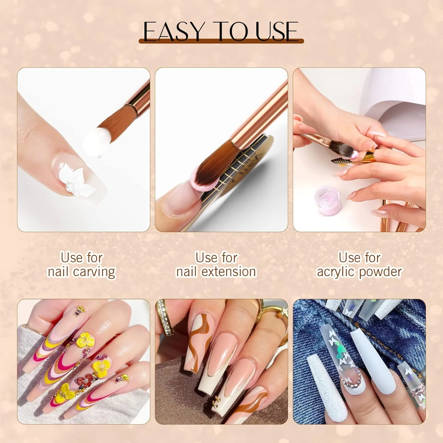 ست برس ناخن اکریلیک حرفه ای 7 عددی ساویلند برای پودر اکریلیک، کاشت ناخن و طراحی - دسته ماسه بادی طلایی، طراحی ارگونومیک، سایزهای 4/6/8/10/12/14/16، مناسب سالن و مبتدی