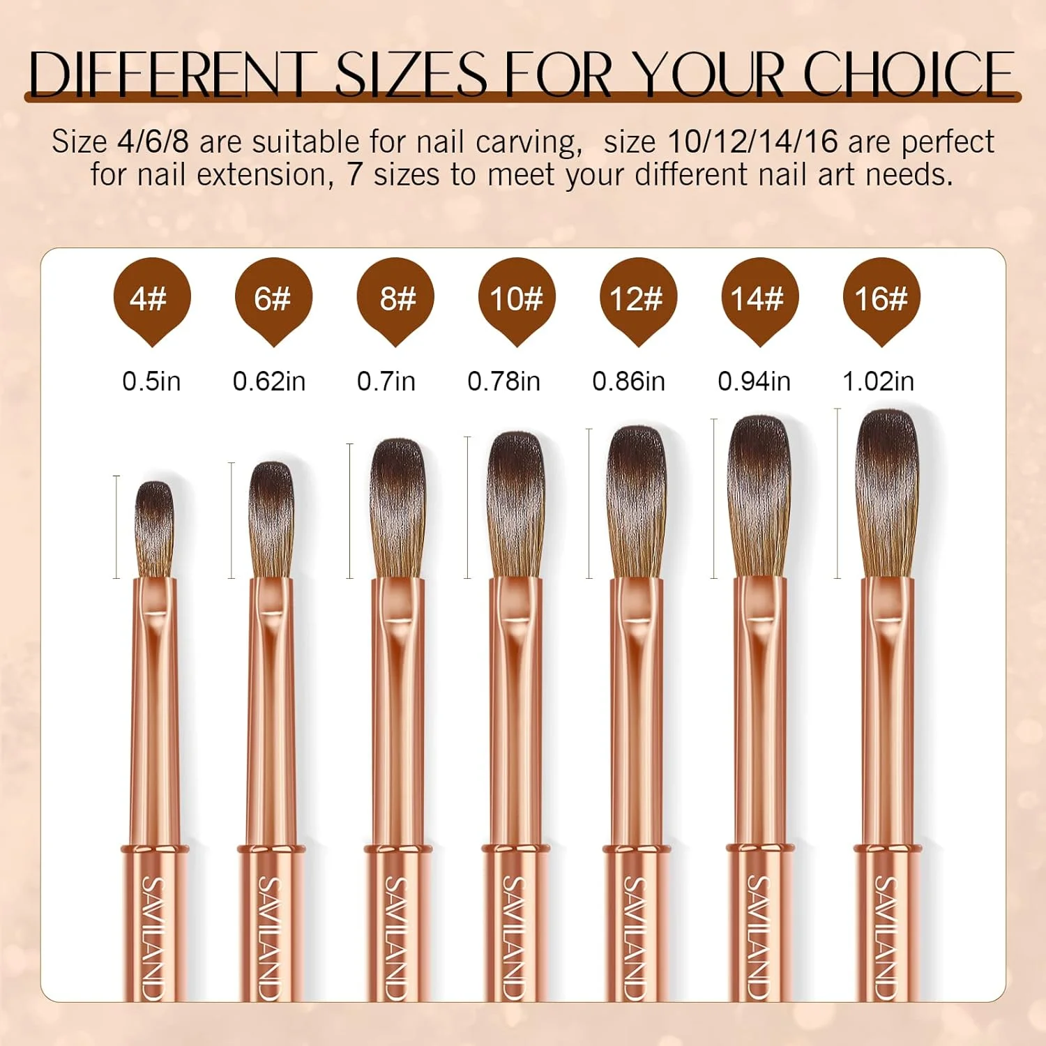 ست برس ناخن اکریلیک حرفه ای 7 عددی ساویلند برای پودر اکریلیک، کاشت ناخن و طراحی - دسته ماسه بادی طلایی، طراحی ارگونومیک، سایزهای 4/6/8/10/12/14/16، مناسب سالن و مبتدی