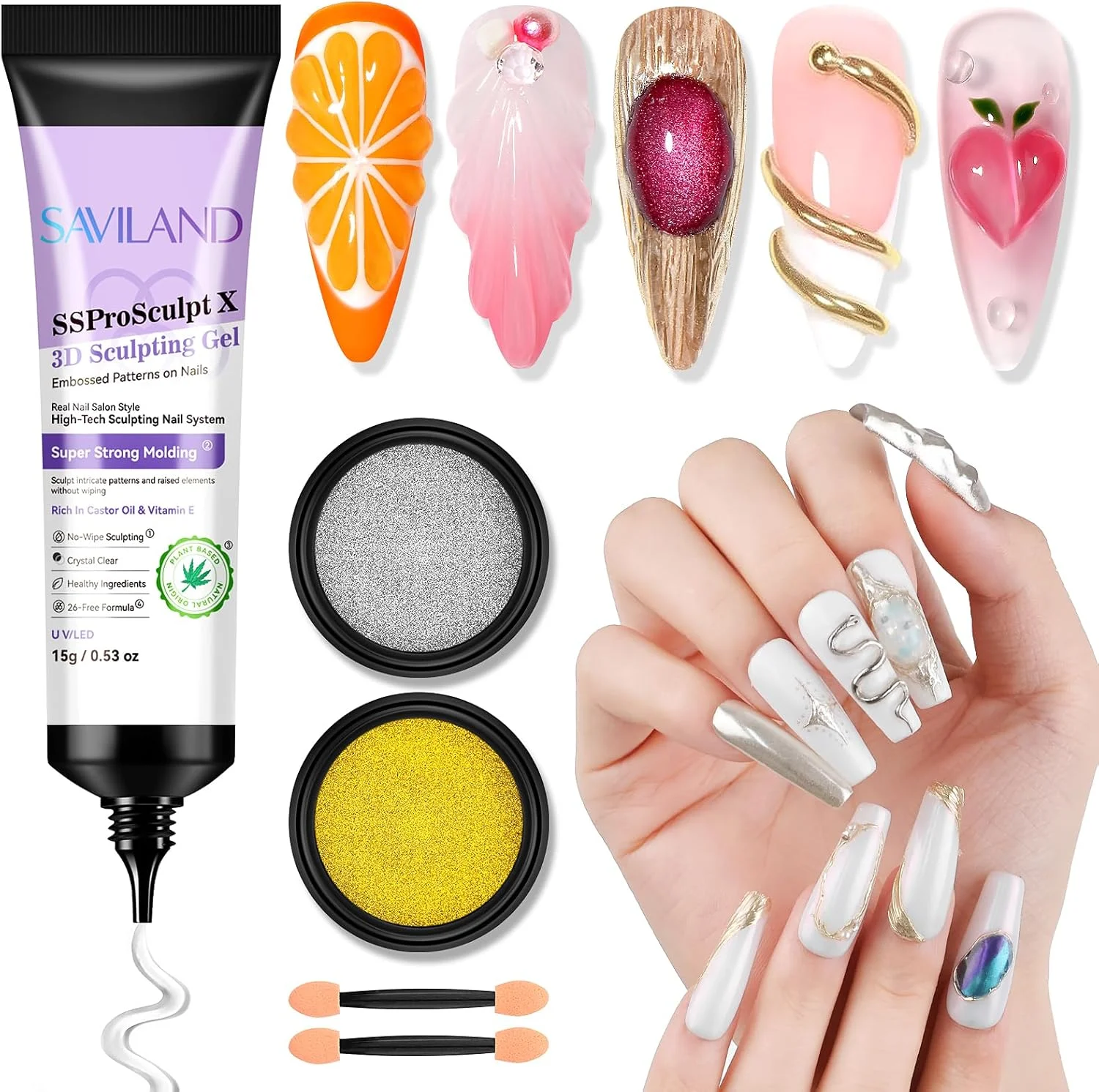 ست ژل ناخن سه بعدی Saviland SSproSculpt X Strong-Mold: ژل مجسمه سازی شفاف 15 گرمی بدون نیاز به پاک کردن برای طراحی ناخن با پودر کروم طلایی و نقره ای با جلوه آینه ای برای طراحی ناخن، مانیکور DIY، هدیه کریسمس ناخن