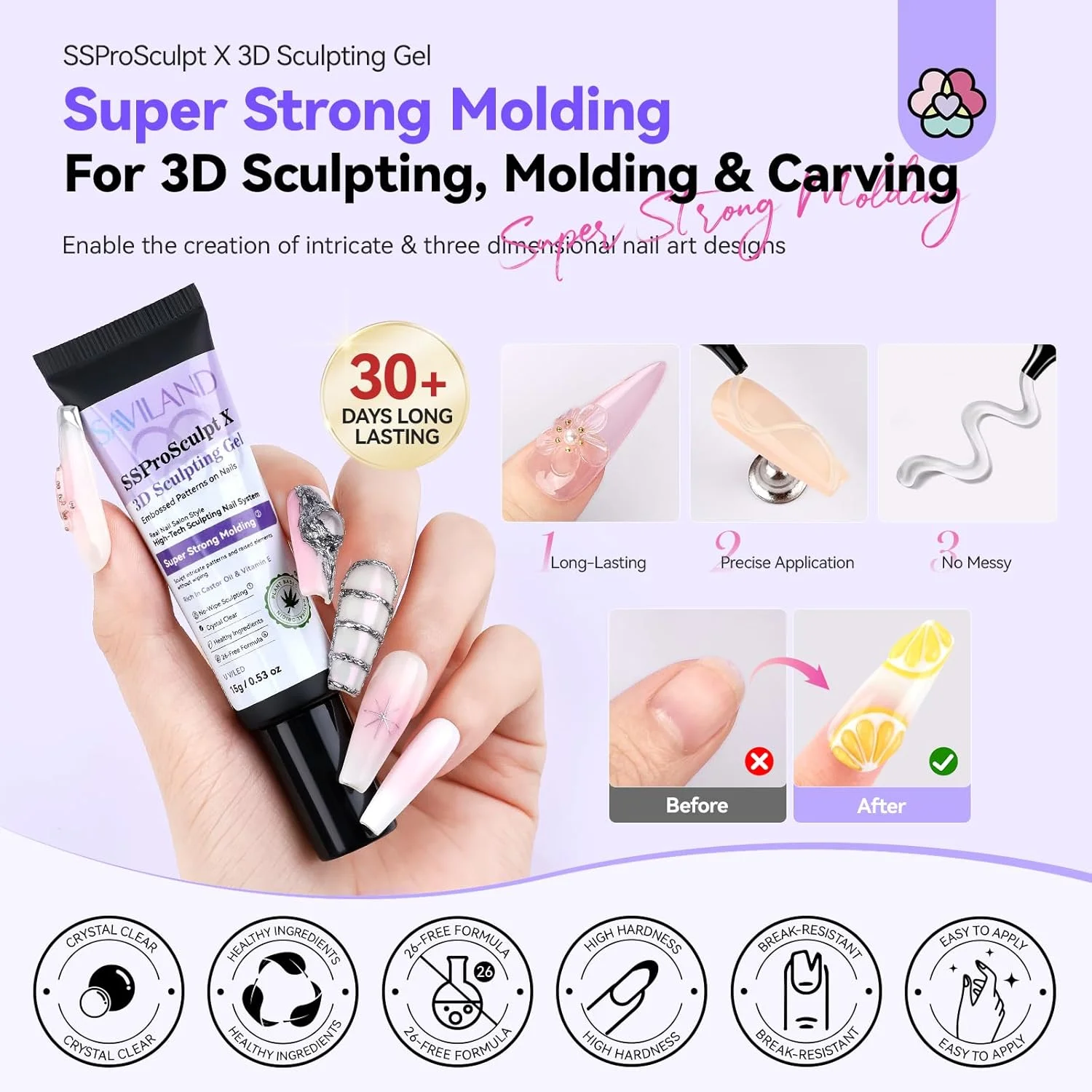 ست ژل ناخن سه بعدی Saviland SSproSculpt X Strong-Mold: ژل مجسمه سازی شفاف 15 گرمی بدون نیاز به پاک کردن برای طراحی ناخن با پودر کروم طلایی و نقره ای با جلوه آینه ای برای طراحی ناخن، مانیکور DIY، هدیه کریسمس ناخن ست ژل ناخن سه بعدی Saviland SSproSculpt X Strong-Mold: ژل مجسمه سازی شفاف 15 گرمی بدون نیاز به پاک کردن برای طراحی ناخن با پودر کروم طلایی و نقره ای با جلوه آینه ای برای طراحی ناخن، مانیکور DIY، هدیه کریسمس ناخن