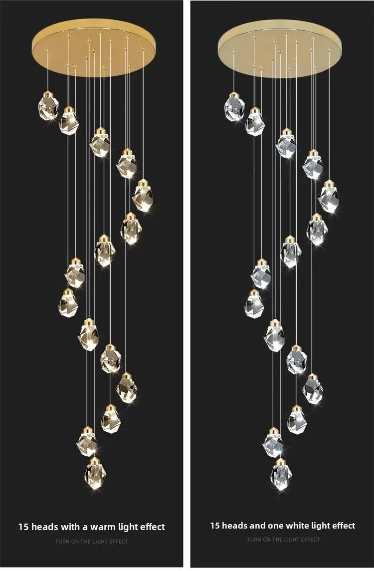 لوستر کریستالی شیک برای ویلاها و لافت های مرتفع با راه پله های مارپیچ، مناسب برای خانه های لوکس، طلایی-تیتانیومی 5 شاخه