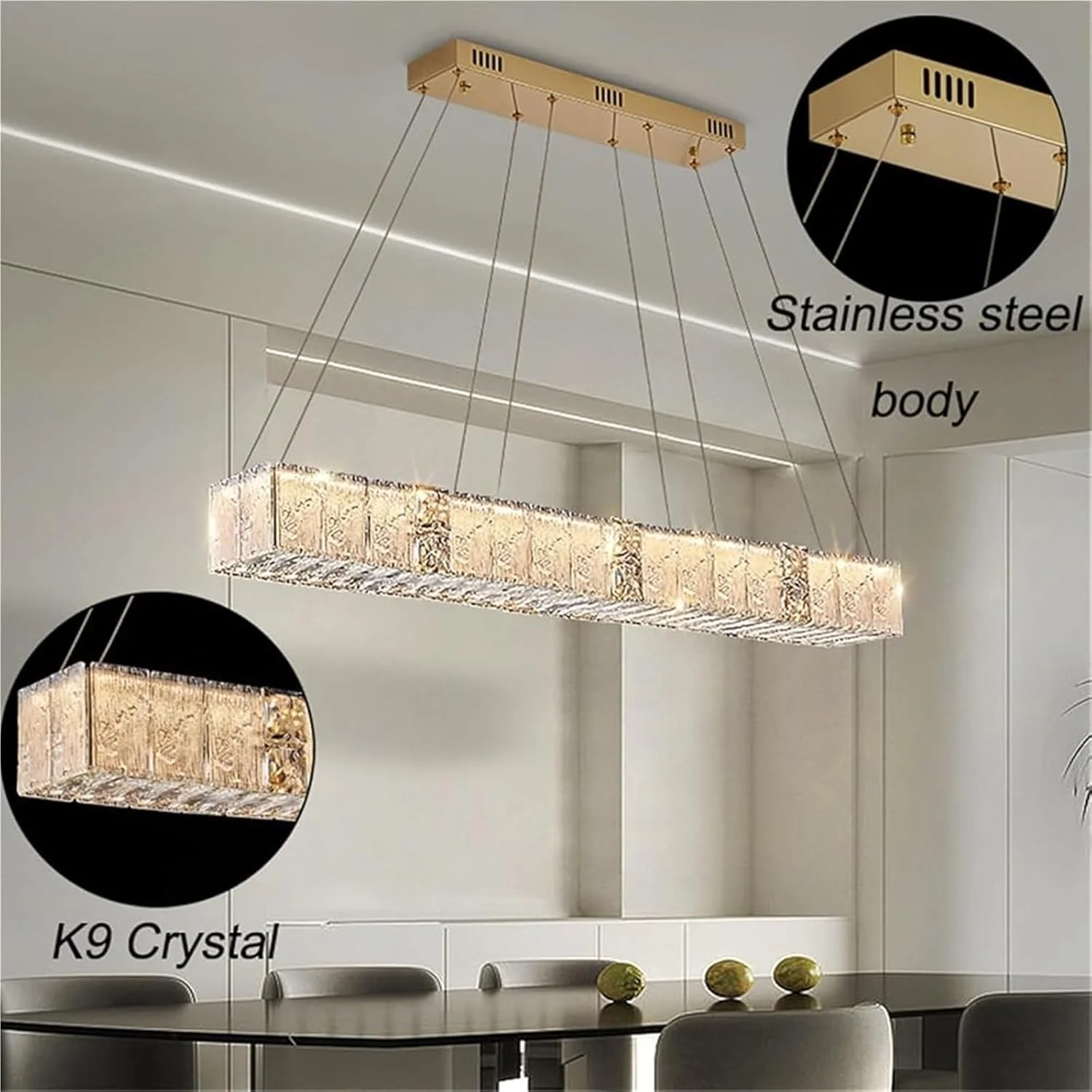 لوستر کریستالی طلایی مدرن، چراغ آویز قابل تنظیم نور برای اتاق ناهارخوری، مناسب برای بالای میز، چراغ آویز خطی منحصر به فرد برای نشیمن، جزیره آشپزخانه و بار