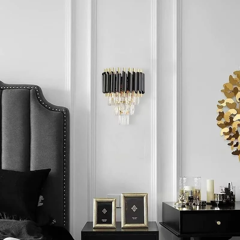 لوستر دیواری کریستالی ساده مدرن خانگی، لوکس، خلاقانه، مناسب ویلا، اتاق غذاخوری، اتاق نشیمن، اتاق خواب (مشکی+طلایی) (دیواری مشکی+طلایی)