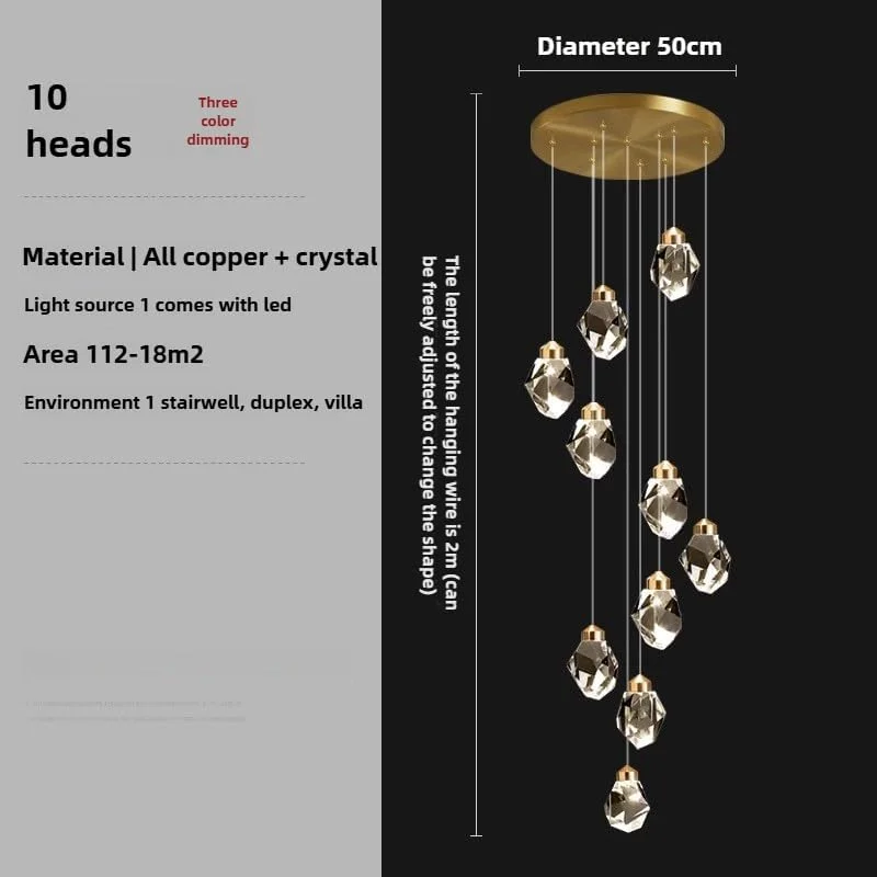 لوستر کریستالی شیک برای ویلاها و لافت های مرتفع با راه پله های مارپیچ، مناسب برای خانه های لوکس، طلایی-تیتانیومی 10 شاخه