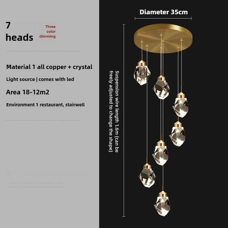 لوستر کریستالی شیک برای ویلاها و لافت های مرتفع با راه پله های مارپیچ، مناسب برای خانه های لوکس، طلایی-تیتانیوم 7 شاخه