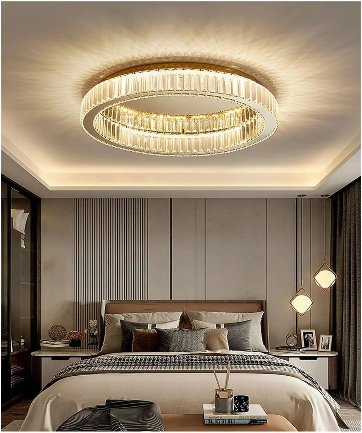 چراغ سقفی ال ای دی کریستالی مدرن، لوستر سقفی دایره ای شکل، مناسب اتاق نشیمن، اتاق خواب، اتاق مطالعه، نورپردازی تزئینی داخلی، دکور مدرن، طلایی - 80 سانتی متر