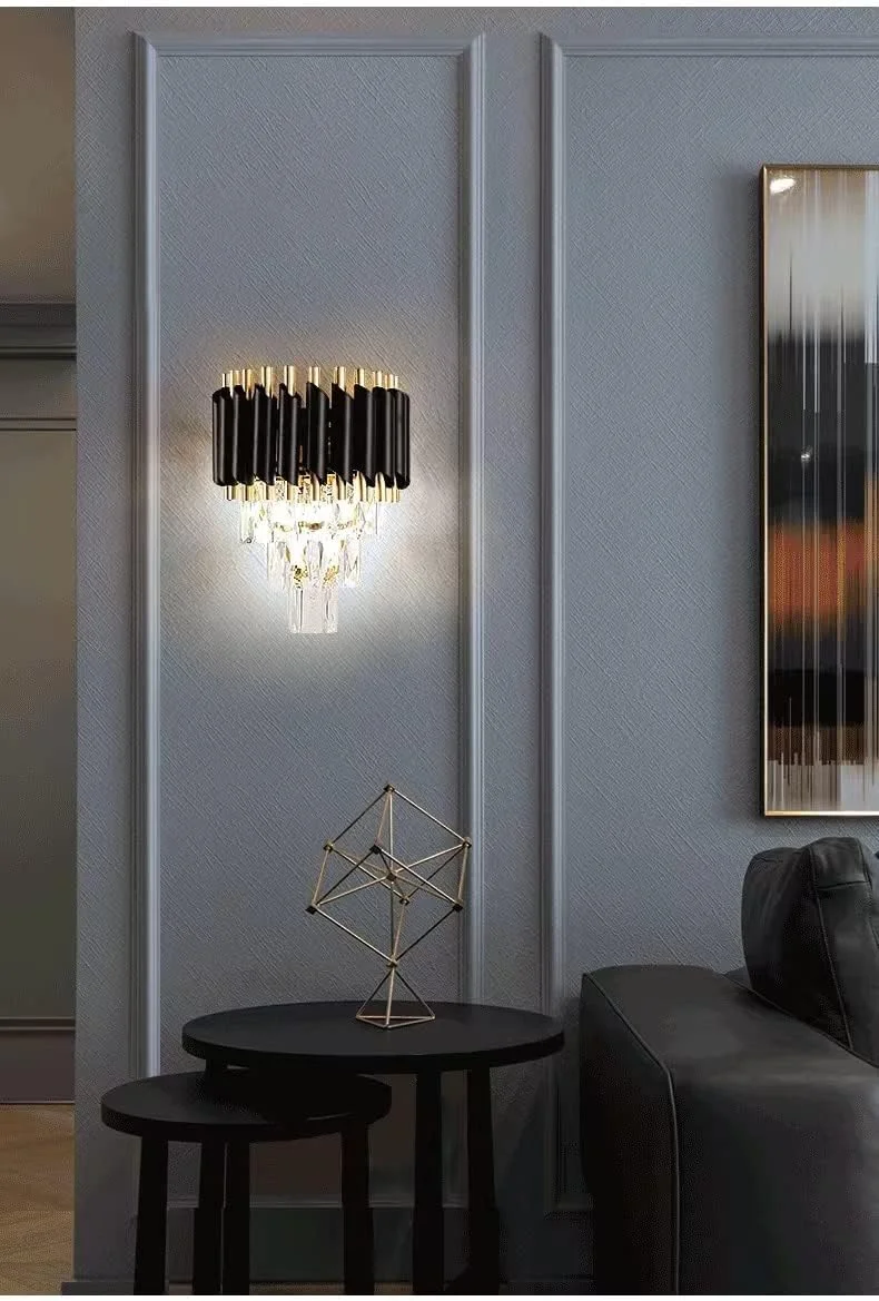 لوستر دیواری کریستالی ساده مدرن خانگی، لوکس، خلاقانه، مناسب ویلا، اتاق غذاخوری، اتاق نشیمن، اتاق خواب (مشکی+طلایی) (دیواری مشکی+طلایی)