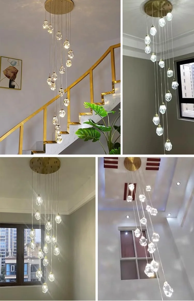 لوستر کریستالی شیک برای ویلاها و لافت های مرتفع با راه پله های مارپیچ، ایده آل برای خانه های لوکس، تک شاخه طلایی-تیتانیومی