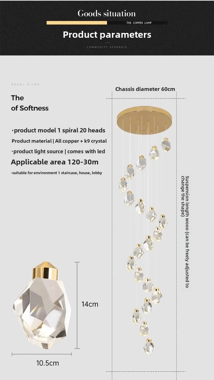 لوستر کریستالی شیک برای ویلاها و لافت های مرتفع با راه پله های مارپیچ، ایده آل برای خانه های لوکس، تک شاخه طلایی-تیتانیومی