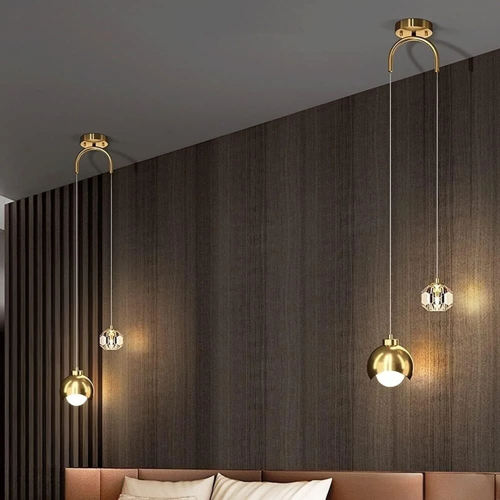 لوستر آویز کریستالی مسی LED، مناسب دیوار پشتی اتاق نشیمن، چراغ آویز با قابلیت تنظیم سه رنگ نور، چراغ های سیم آویز مشکی برای غذاخوری