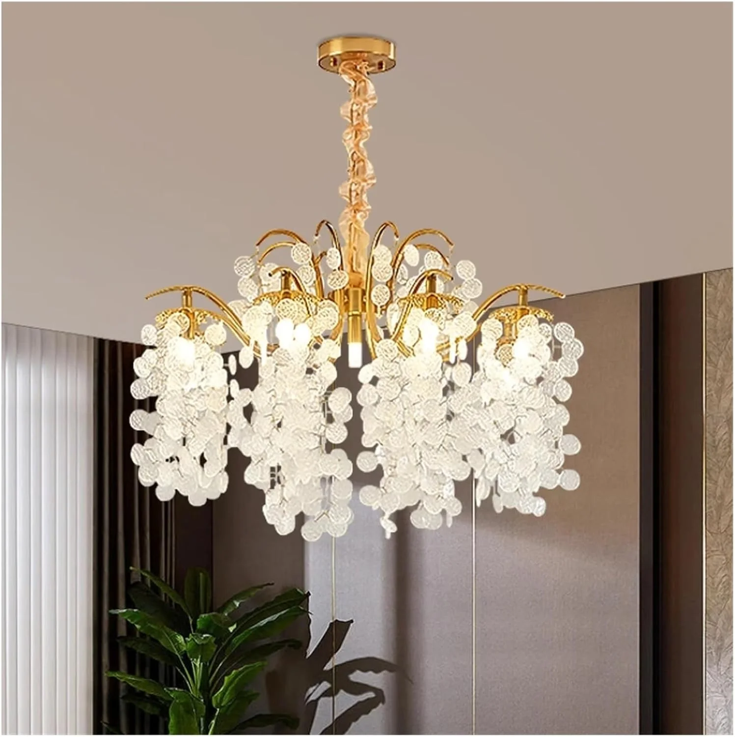 لوستر سقفی کریستالی مناسب اتاق خواب، اتاق ناهارخوری، اتاق نشیمن، لوستر آویز کریستالی زنجیری طلایی لوکس و شیک، دکور مدرن، تک رنگ - 7 شاخه - 60 سانتی متر