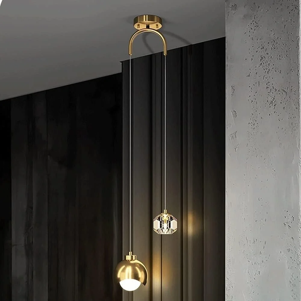 لوستر آویز کریستالی مسی LED، مناسب دیوار پشتی اتاق نشیمن، چراغ آویز با قابلیت تنظیم سه رنگ نور، چراغ های سیم آویز مشکی برای غذاخوری