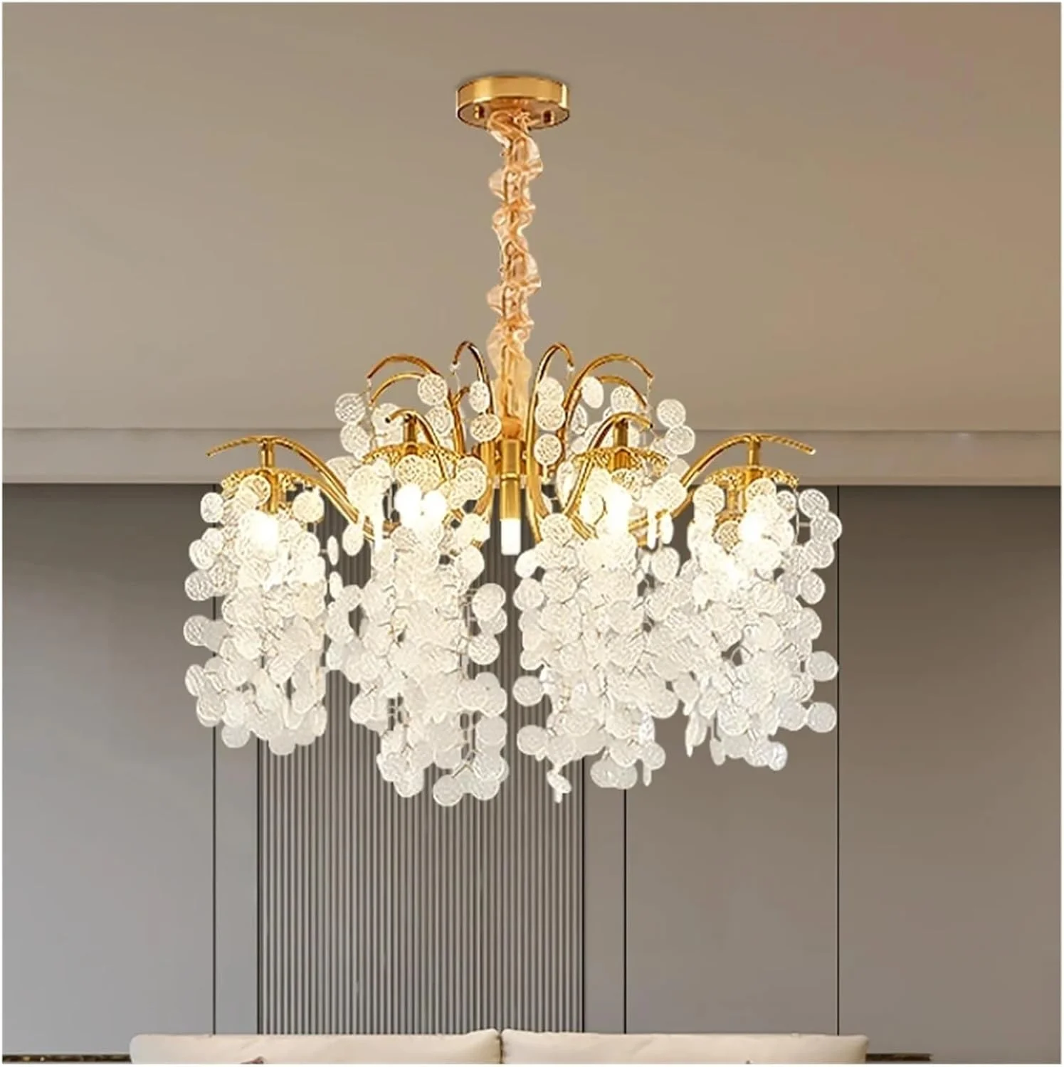 لوستر سقفی کریستالی مناسب اتاق خواب، اتاق ناهارخوری، اتاق نشیمن، لوستر آویز کریستالی زنجیری طلایی لوکس و شیک، دکور مدرن، تک رنگ - 7 شاخه - 60 سانتی متر