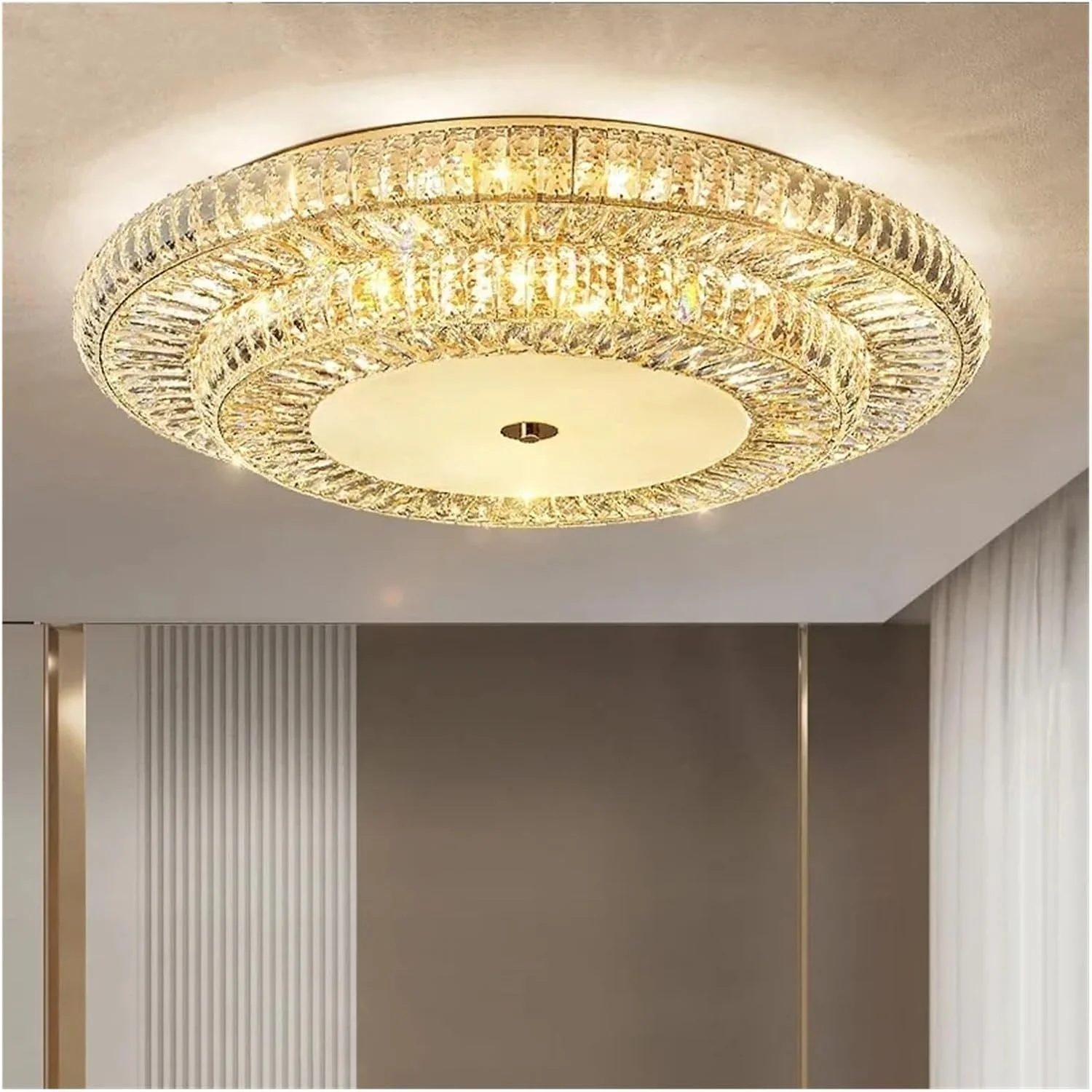 لوستر سقفی کریستالی طلایی گرد مدرن برای اتاق نشیمن، دکوراسیون لوکس منزل، چراغ کریستالی ال ای دی، دکور مدرن، نور طبیعی - 100 سانتی متر