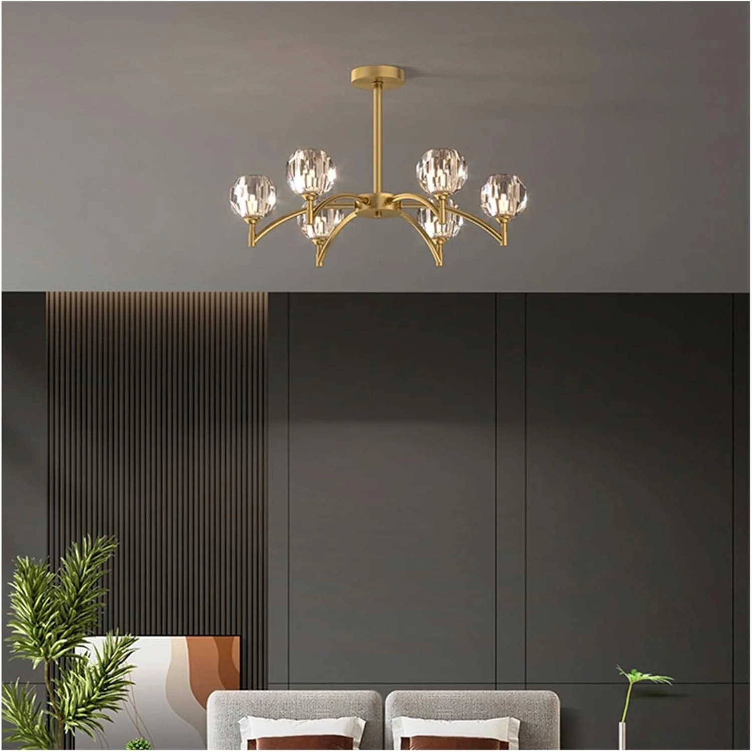 لوستر سقفی شاخه ای کریستالی لوکس، لوستر طلایی آویز شیشه ای برای اتاق ناهارخوری، دکور مدرن، تک رنگ - 6 شاخه