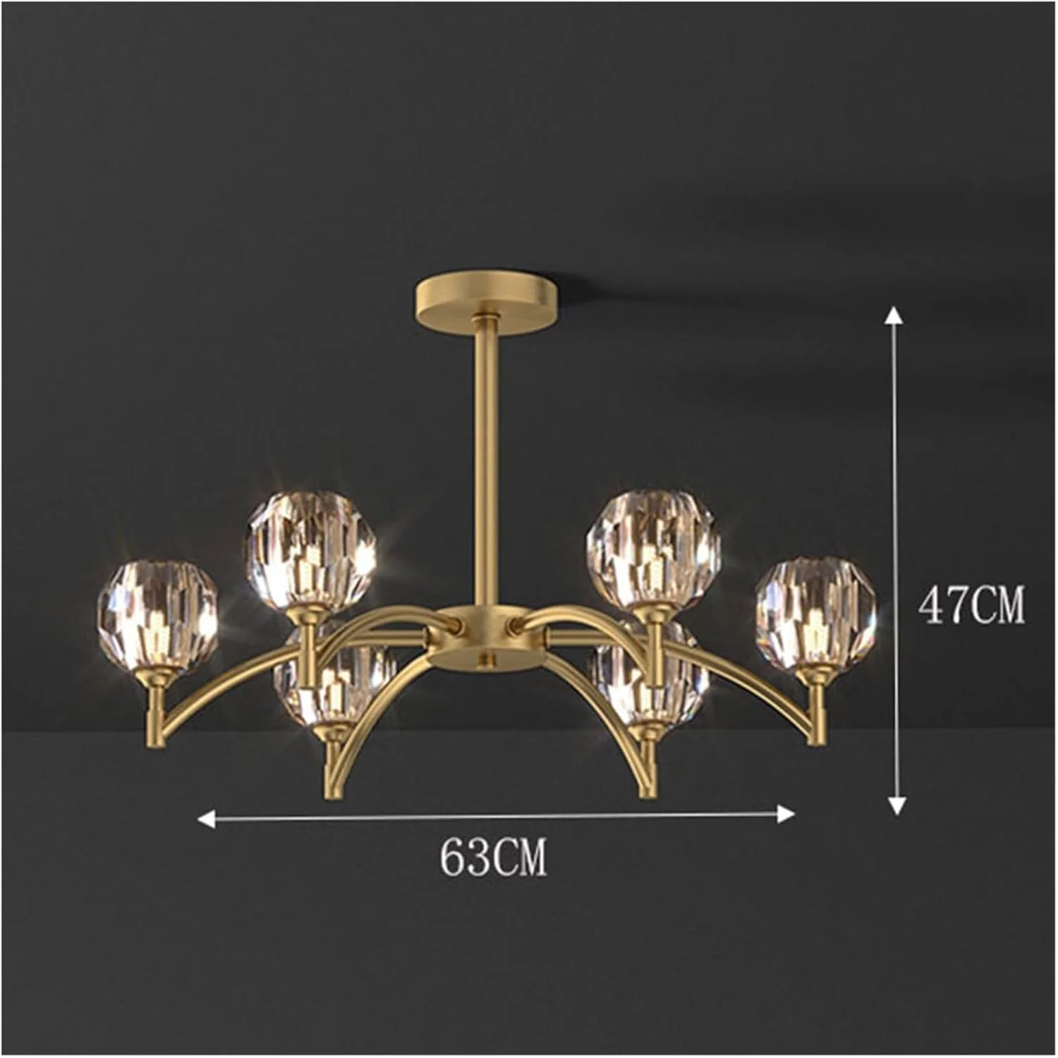 لوستر سقفی شاخه ای کریستالی لوکس، لوستر طلایی آویز شیشه ای برای اتاق ناهارخوری، دکور مدرن، تک رنگ - 6 شاخه