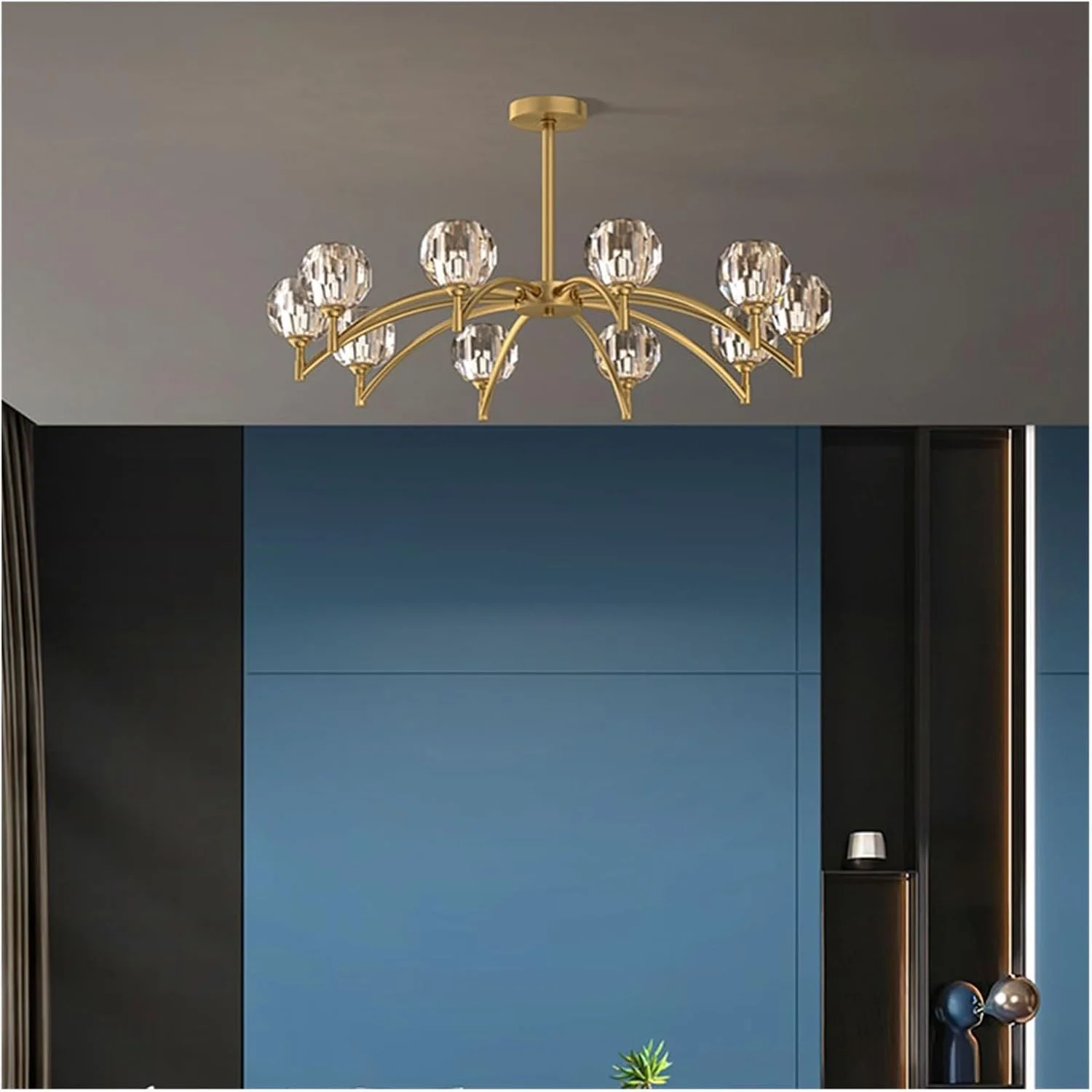 لوستر سقفی شاخه ای کریستالی لوکس، لوستر طلایی آویز شیشه ای برای اتاق ناهارخوری، دکور مدرن، تک رنگ - 10 شاخه