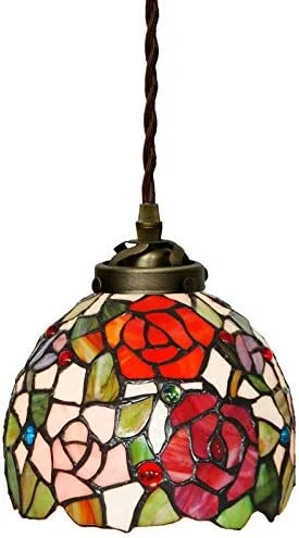 چراغ آویز خلاقانه 7 اینچی تیفانی، لوستر تزئینی شیشه ای رنگی، چراغ آویز هنری گل رز قرمز، مناسب برای اتاق نشیمن، آشپزخانه و بار