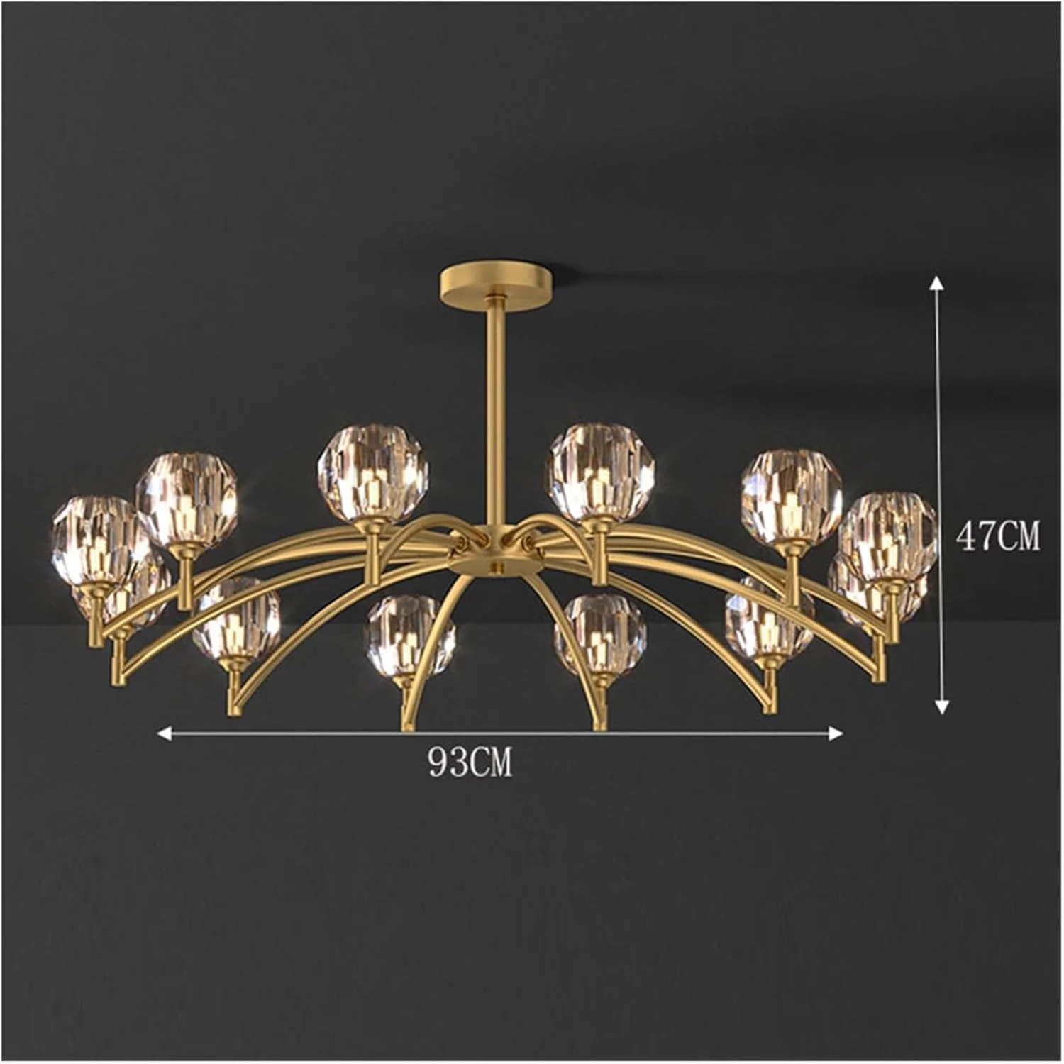 لوستر سقفی شاخه ای کریستالی لوکس، لوستر طلایی، چراغ آویز شیشه ای برای اتاق ناهارخوری، دکور مدرن، تک رنگ - 12 شاخه