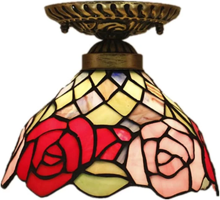 چراغ سقفی طرح تیفانی خلاقانه، چراغ سقفی چسبیده، لوستر با سایه شیشه ای رز رنگی برای اتاق نشیمن، اتاق خواب، بار