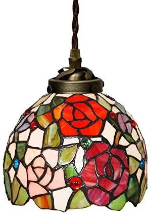 چراغ آویز خلاقانه 7 اینچی تیفانی، لوستر تزئینی شیشه ای رنگی، چراغ آویز هنری گل رز قرمز، مناسب برای اتاق نشیمن، آشپزخانه و بار