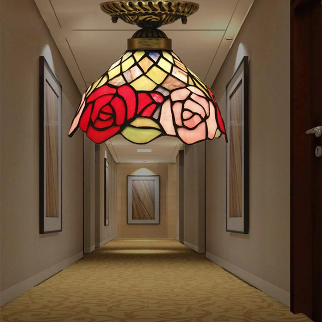 چراغ سقفی طرح تیفانی خلاقانه، چراغ سقفی چسبیده، لوستر با سایه شیشه ای رز رنگی برای اتاق نشیمن، اتاق خواب، بار