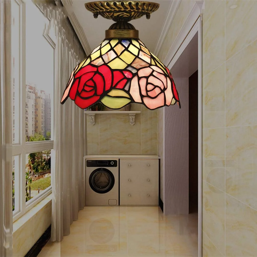 چراغ سقفی طرح تیفانی خلاقانه، چراغ سقفی چسبیده، لوستر با سایه شیشه ای رز رنگی برای اتاق نشیمن، اتاق خواب، بار