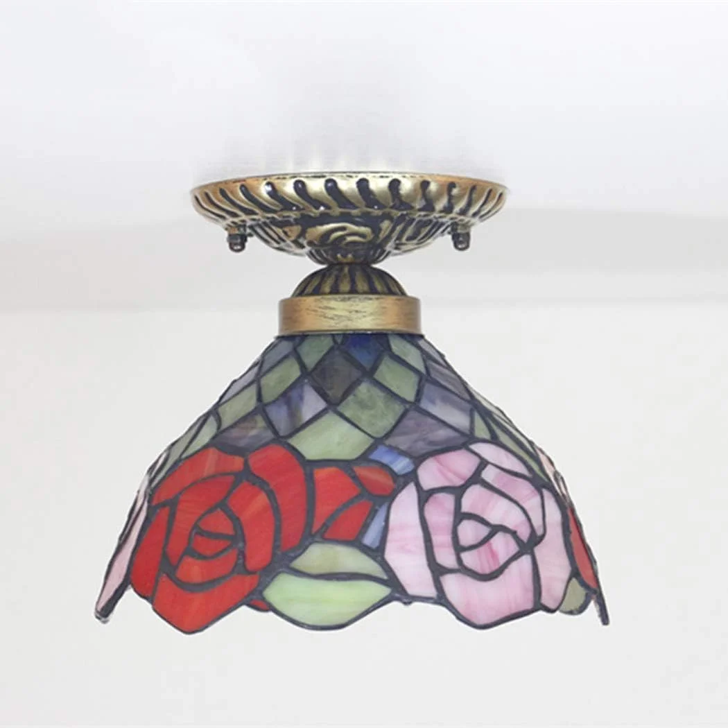 چراغ سقفی طرح تیفانی خلاقانه، چراغ سقفی چسبیده، لوستر با سایه شیشه ای رز رنگی برای اتاق نشیمن، اتاق خواب، بار