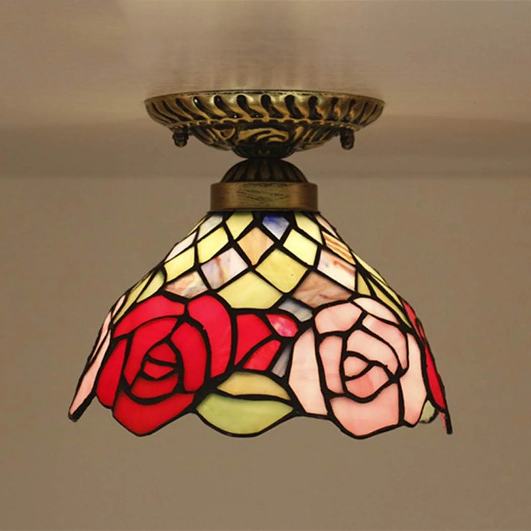چراغ سقفی طرح تیفانی خلاقانه، چراغ سقفی چسبیده، لوستر با سایه شیشه ای رز رنگی برای اتاق نشیمن، اتاق خواب، بار