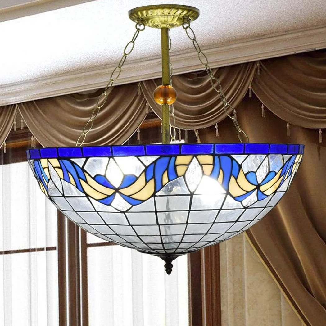 چراغ سقفی به سبک تیفانی، لوستر خلاقانه آبی مدیترانه ای تیفانی برای اتاق نشیمن، رستوران، کافی شاپ، چراغ های آویز 22 اینچی