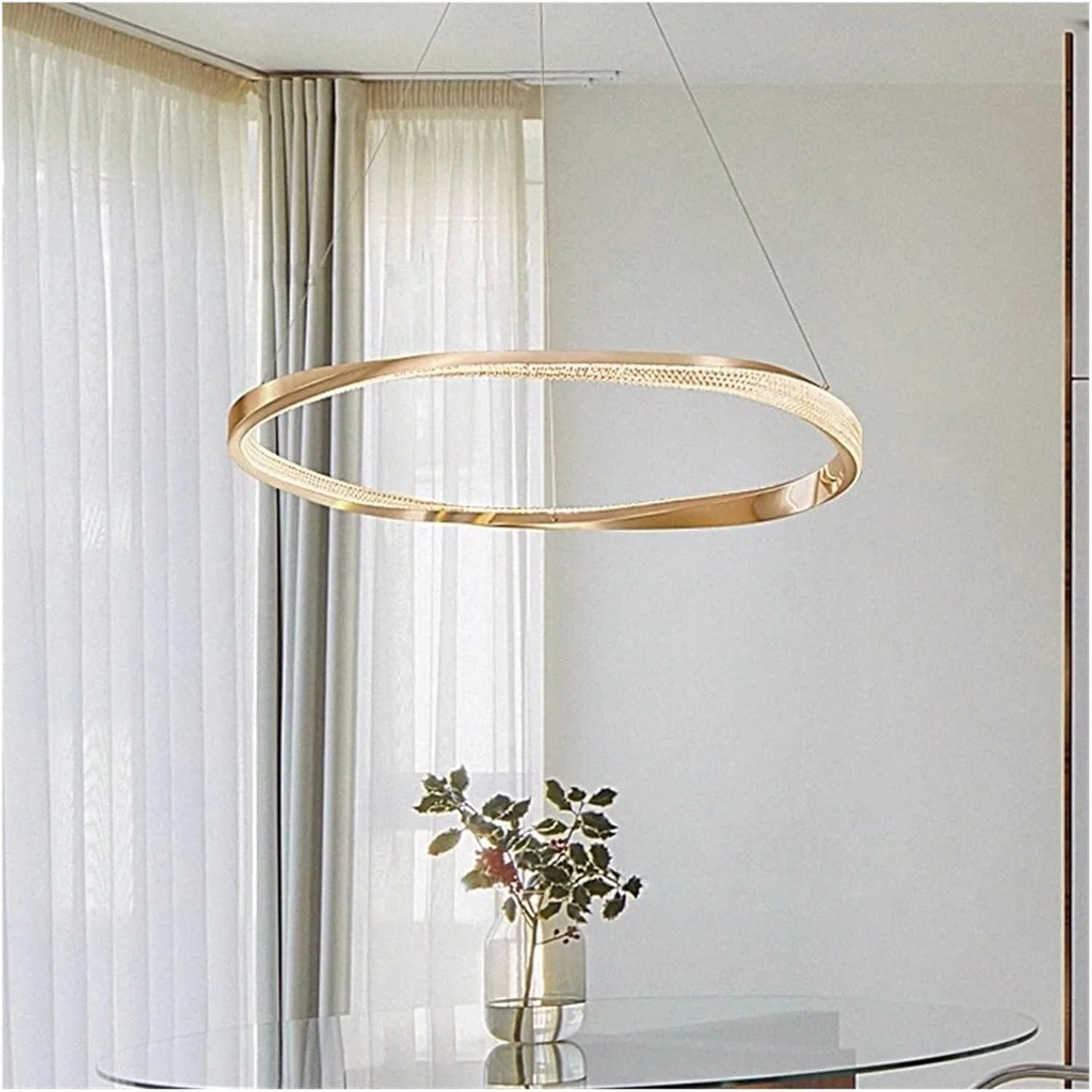 لوستر آویز مدرن و خلاقانه با طراحی حلقه ای، طلایی روشن، چراغ آویز LED برای اتاق نشیمن، اتاق خواب، اتاق غذاخوری، آشپزخانه، دکور مدرن، تک رنگ - 60 سانتی متر