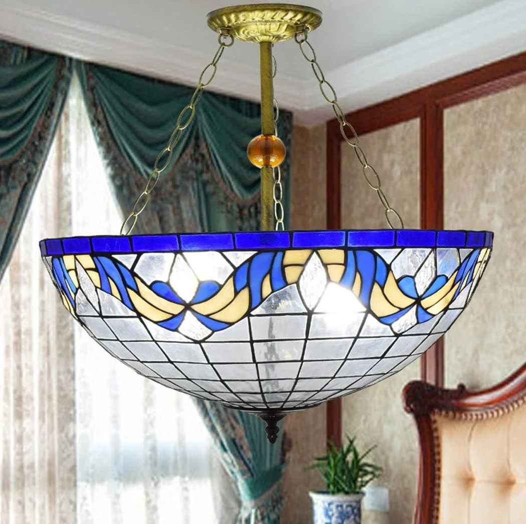 چراغ سقفی به سبک تیفانی، لوستر خلاقانه آبی مدیترانه ای تیفانی برای اتاق نشیمن، رستوران، کافی شاپ، چراغ های آویز 22 اینچی